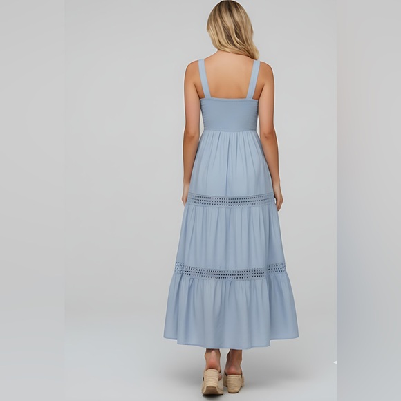 Boho Lace Patchwork Ruffle Hem Sleeveless Dress Blue - Picture 4 of 8